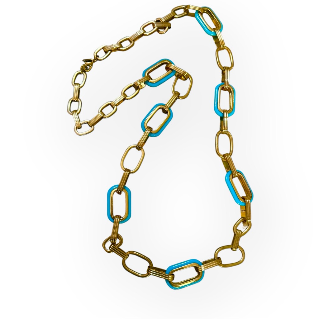 Vintage 1990s St Thomas Gold Turquoise Statement Necklace Link Chain 18$